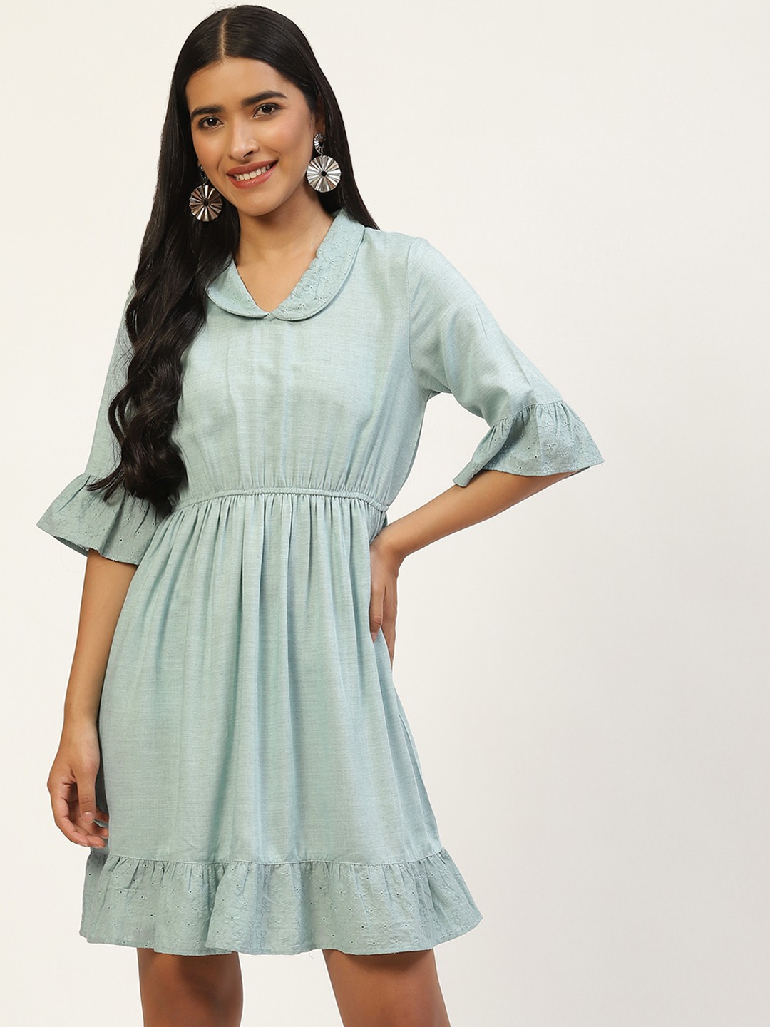 

MISRI Women Blue Floral Peter Pan Collar Bell Sleeves Shirt Dress