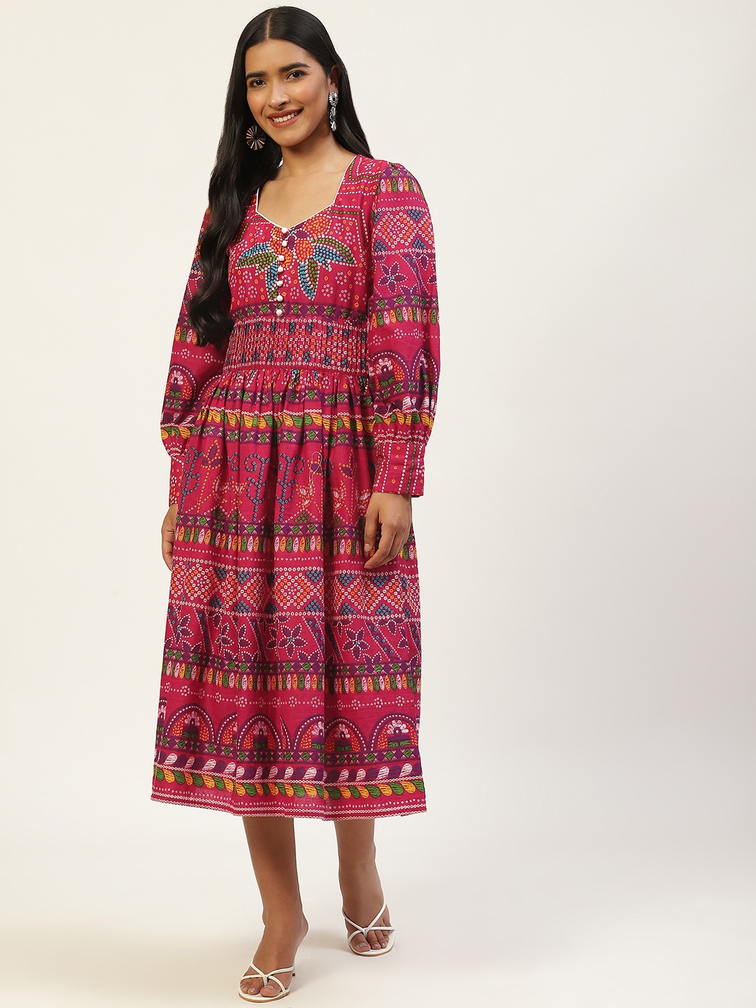 

MISRI Women Red & Multicoloured Sweetheart Neck Floral Midi Dress