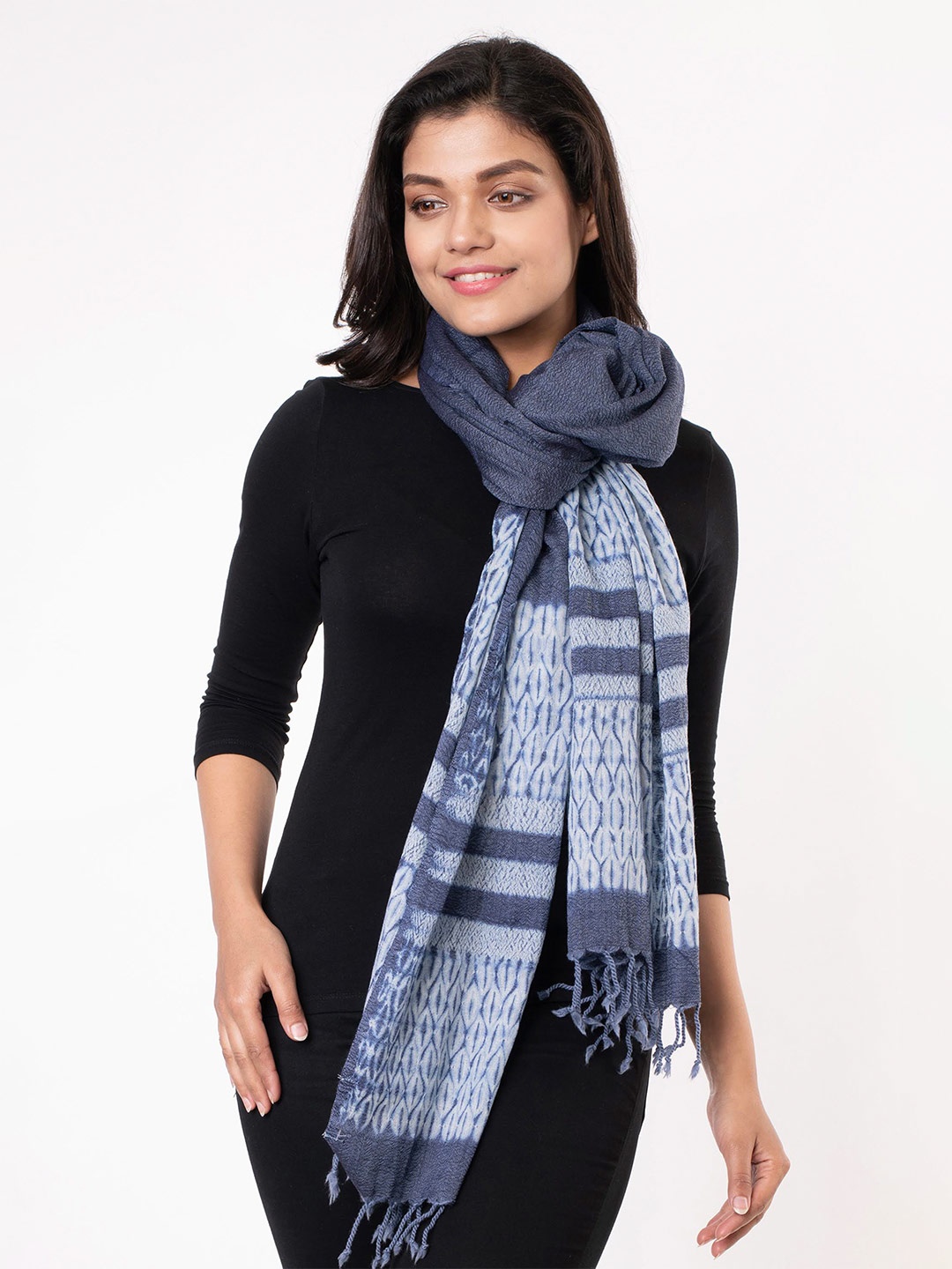 

ArtEastri Handloom Merino Wool Shibori Stole, Navy blue