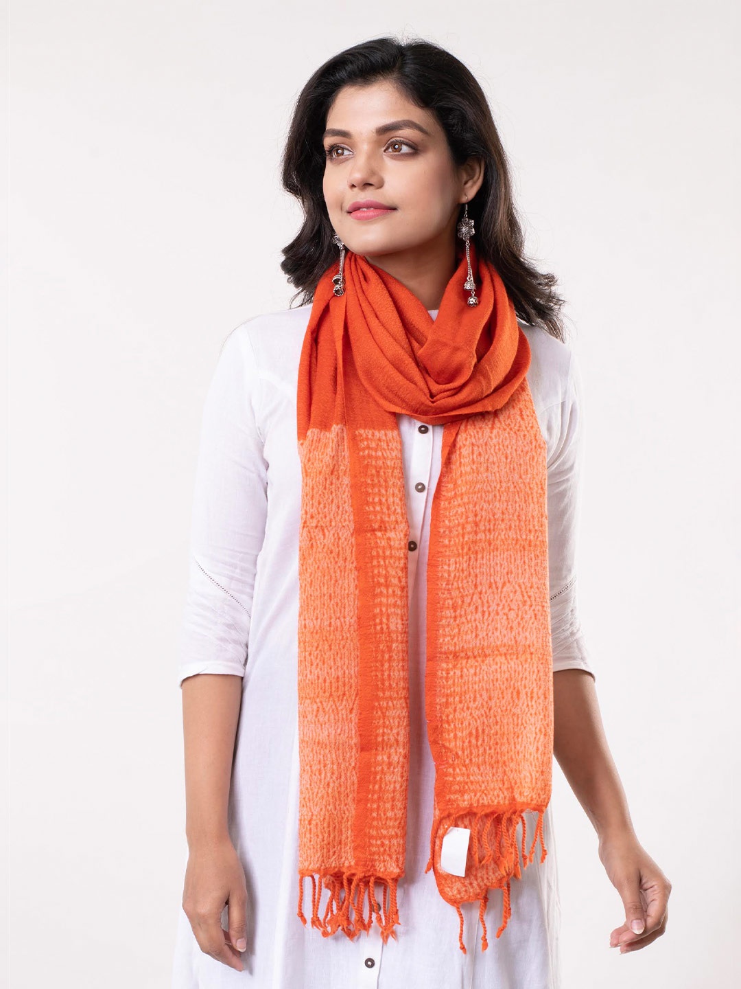 

ArtEastri Women Orange Woven Design Striped Merino Wool Shibori Stole