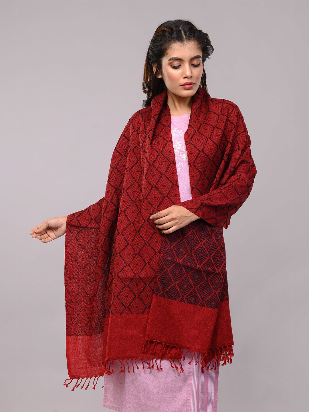 

ArtEastri Women Maroon & Black Jacquard Merino Wool Stole