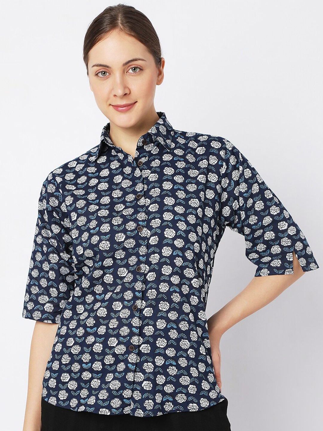 Smarty Pants Women Blue Comfort Floral Printed Cotton Casual Shirt