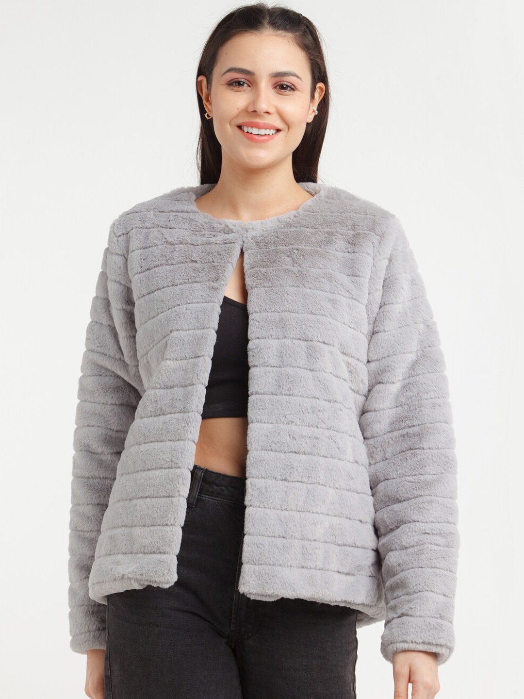 

Zink London Women Grey Striped Bomber Jacket