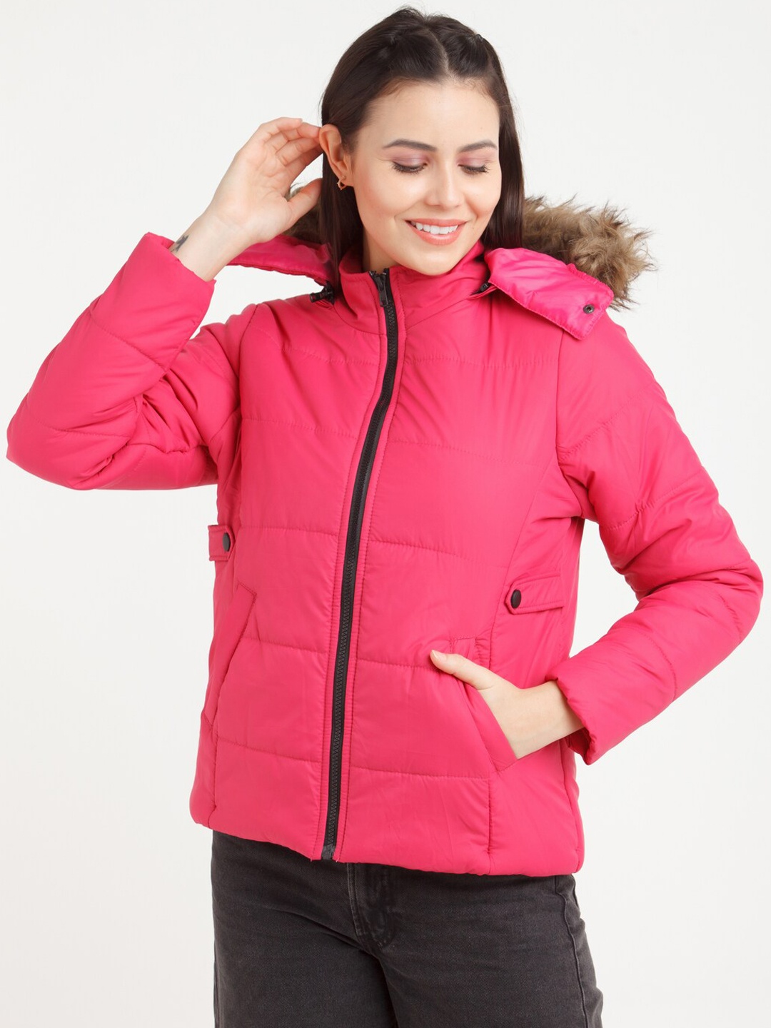 

Zink London Women Pink Hooded Bomber Jacket