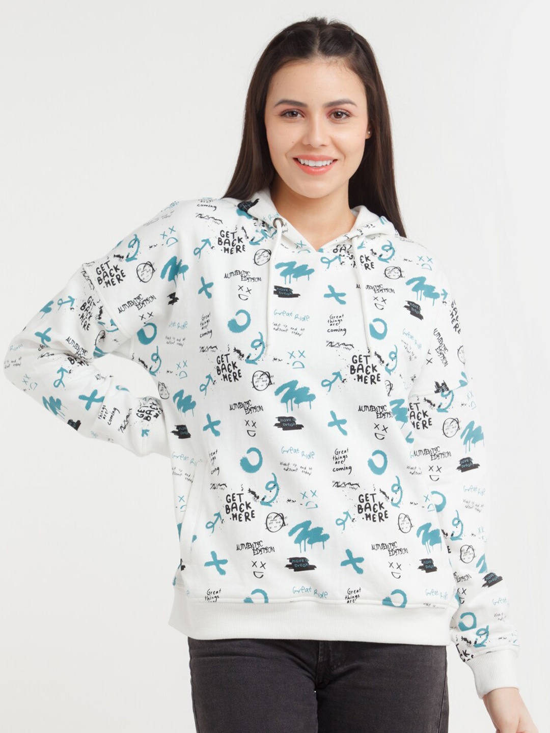 

Zink London Women White & Black Typography Printed Hooded Sweatshirt