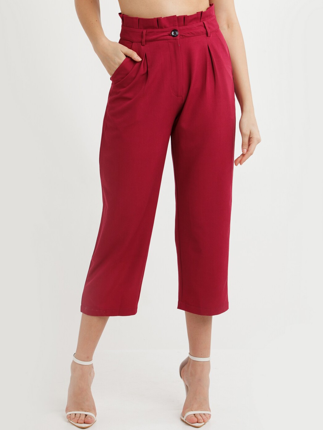 

Zink London Women Maroon High-Rise Chinos Crop Trouser