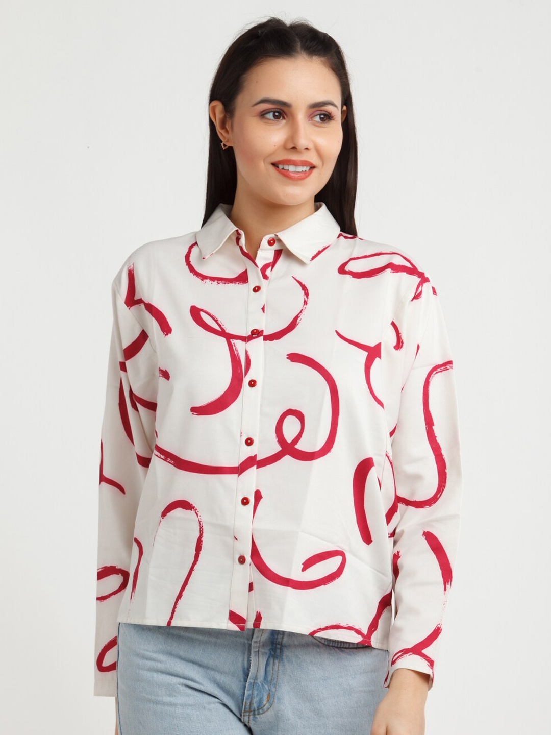 

Zink London Women White & Pink Abstract Printed Casual Shirt