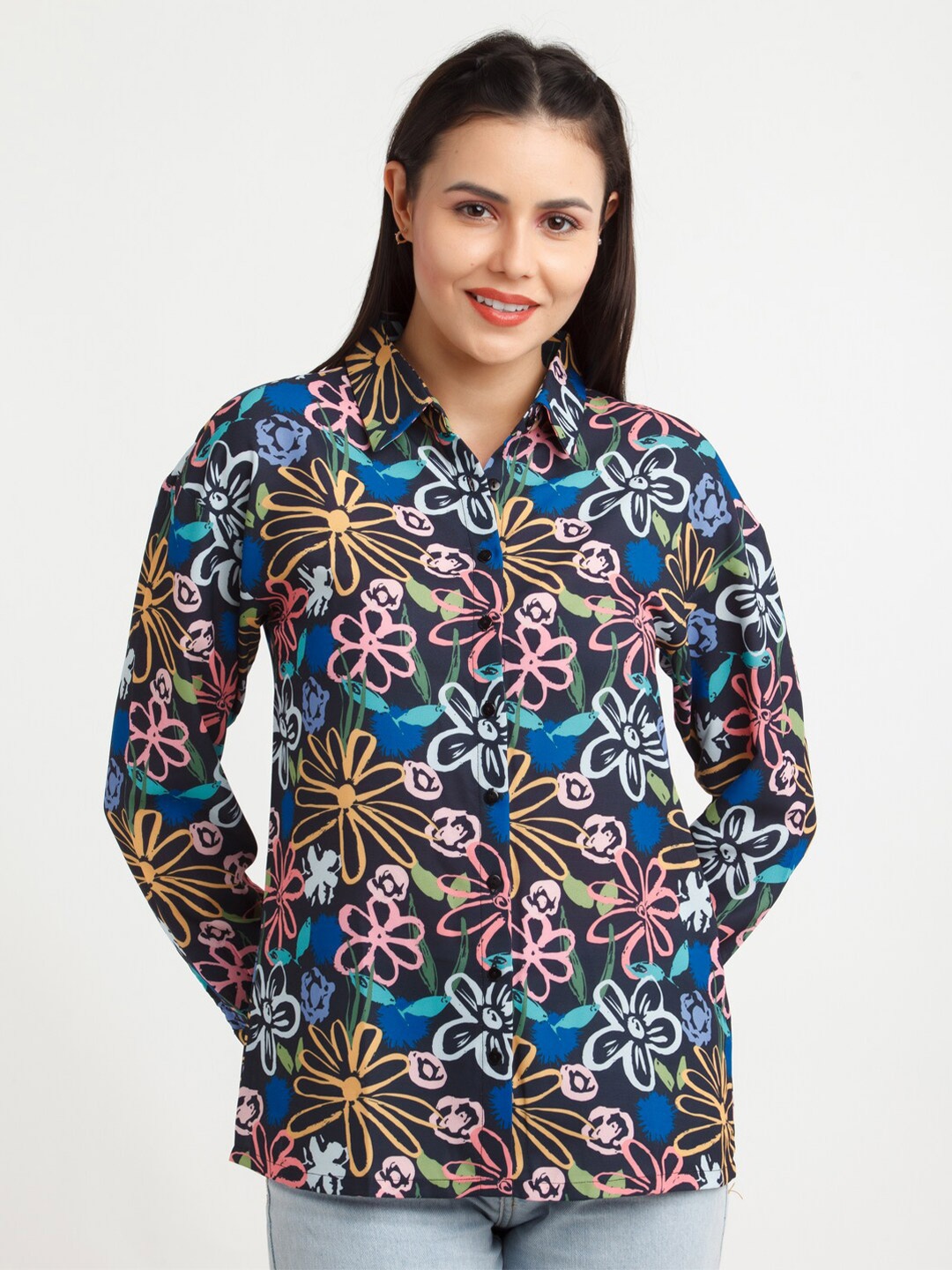 

Zink London Women Black & Blue Floral Printed Slim Fit Casual Shirt