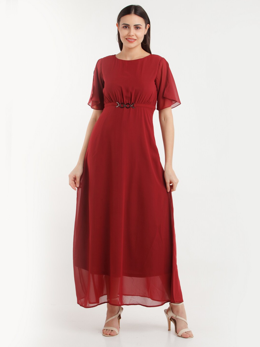 

Zink London Flared Sleeves Round Neck Maxi Dress, Maroon