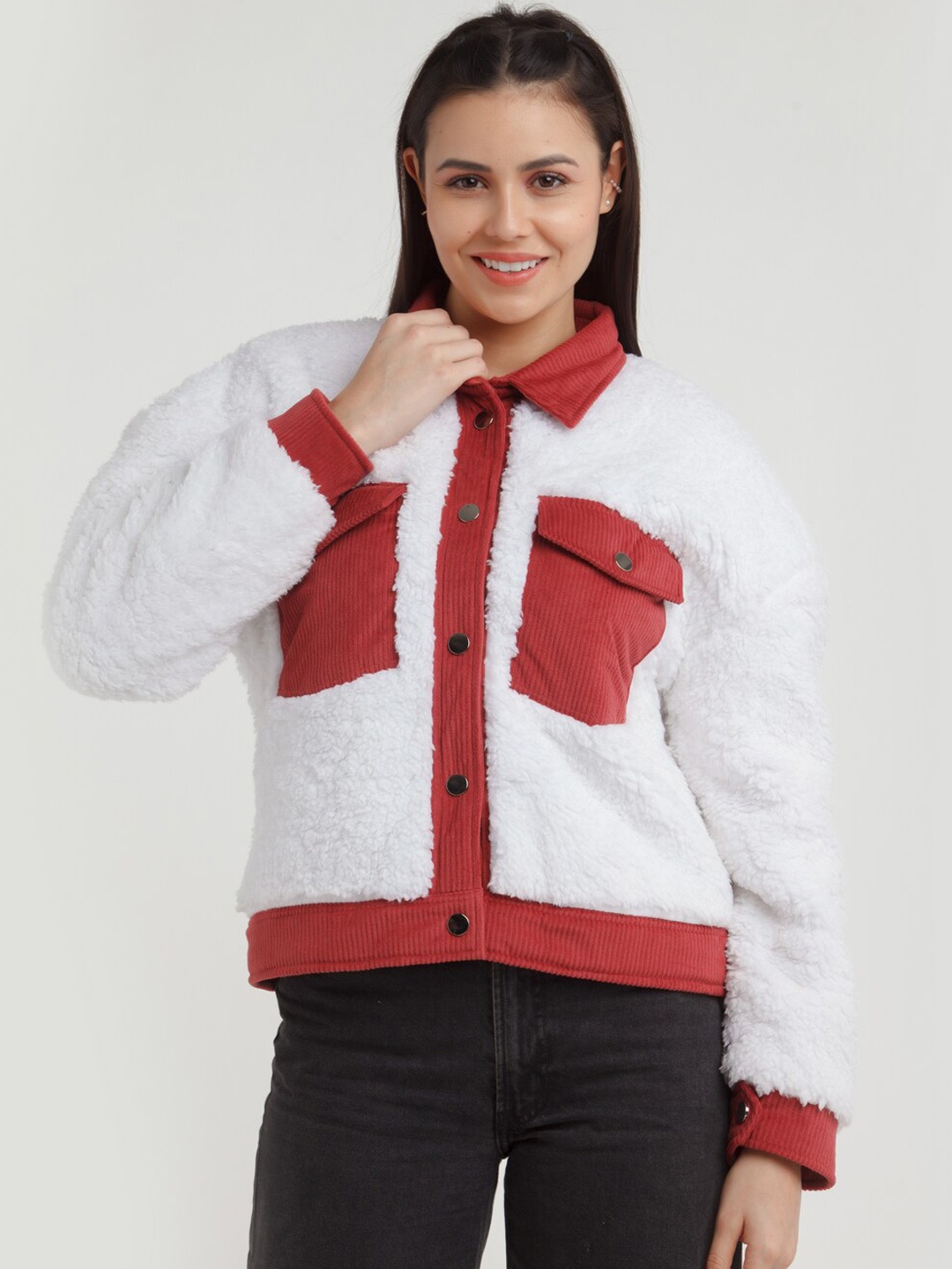 

Zink London Women White & Red Colourblocked Tailored Jacket