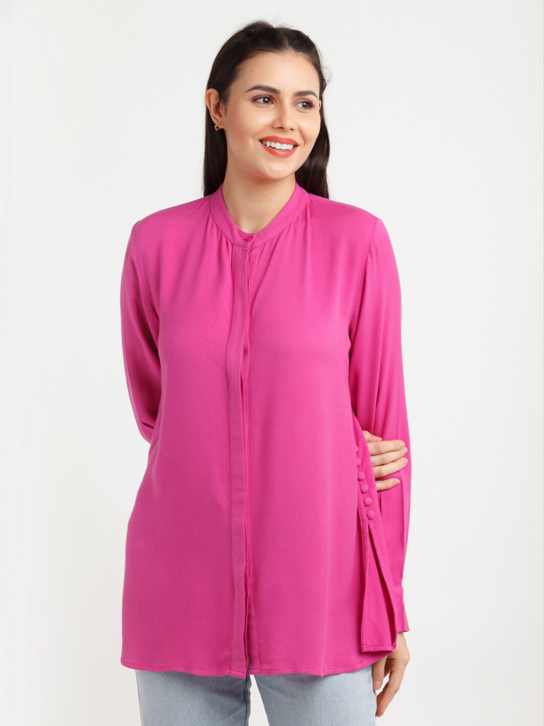 

Zink London Women Pink Boxy High Low Hem Casual Shirt