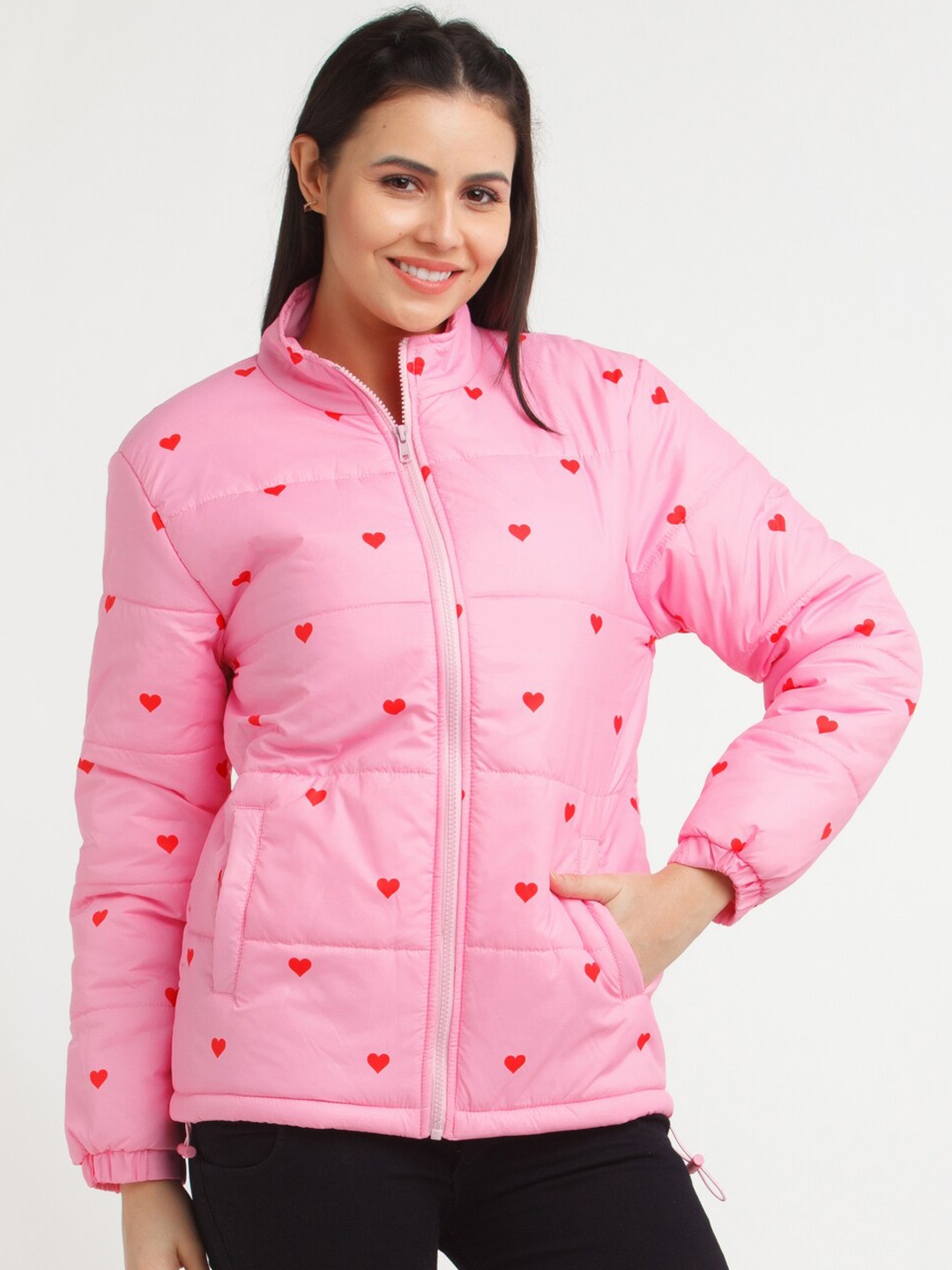 

Zink London Women Pink & Red Conversational Printed Padded Jacket