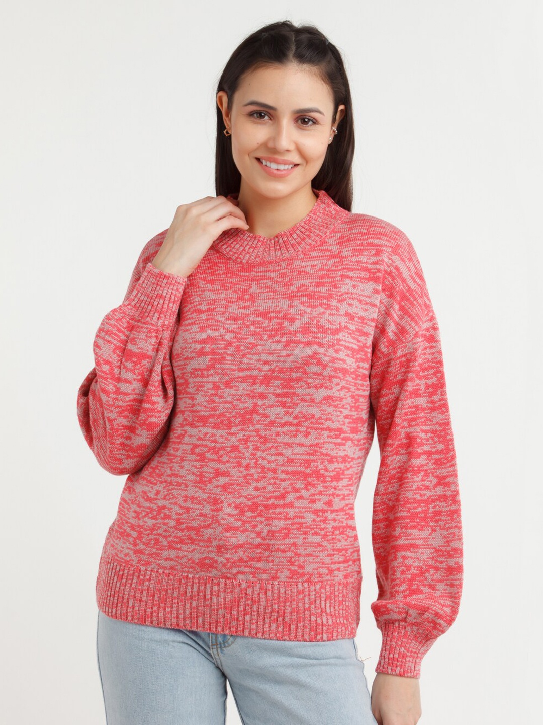 

Zink London Women Red & Grey Abstract Self Design Acrylic Pullover Sweater