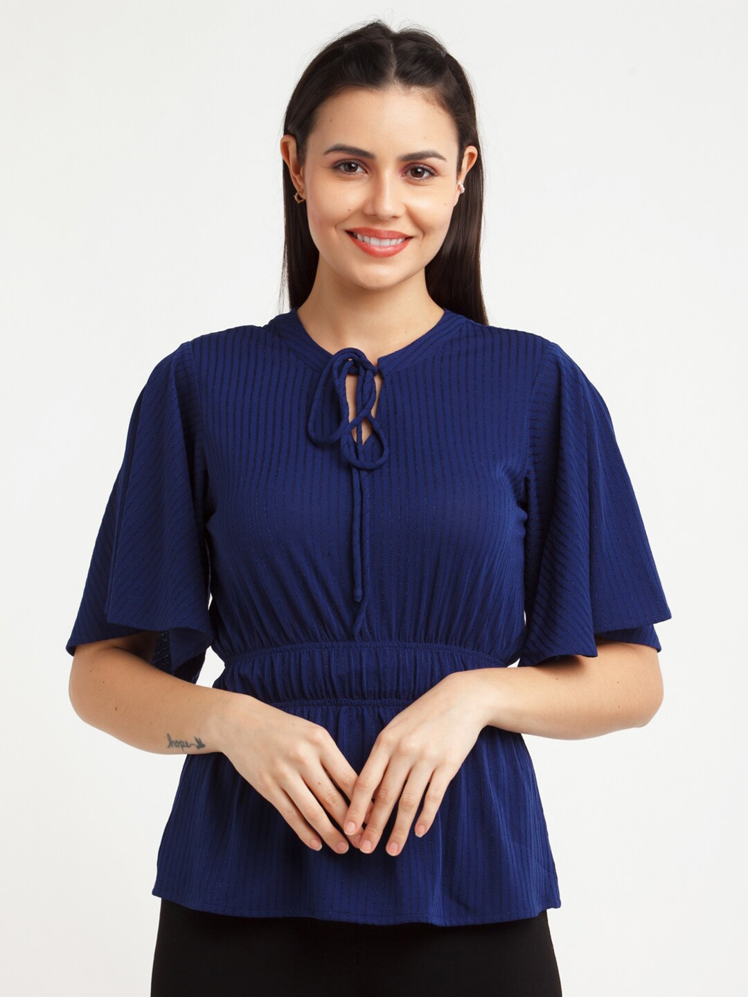 

Zink London Blue Mandarin Collar Cinched Waist Top