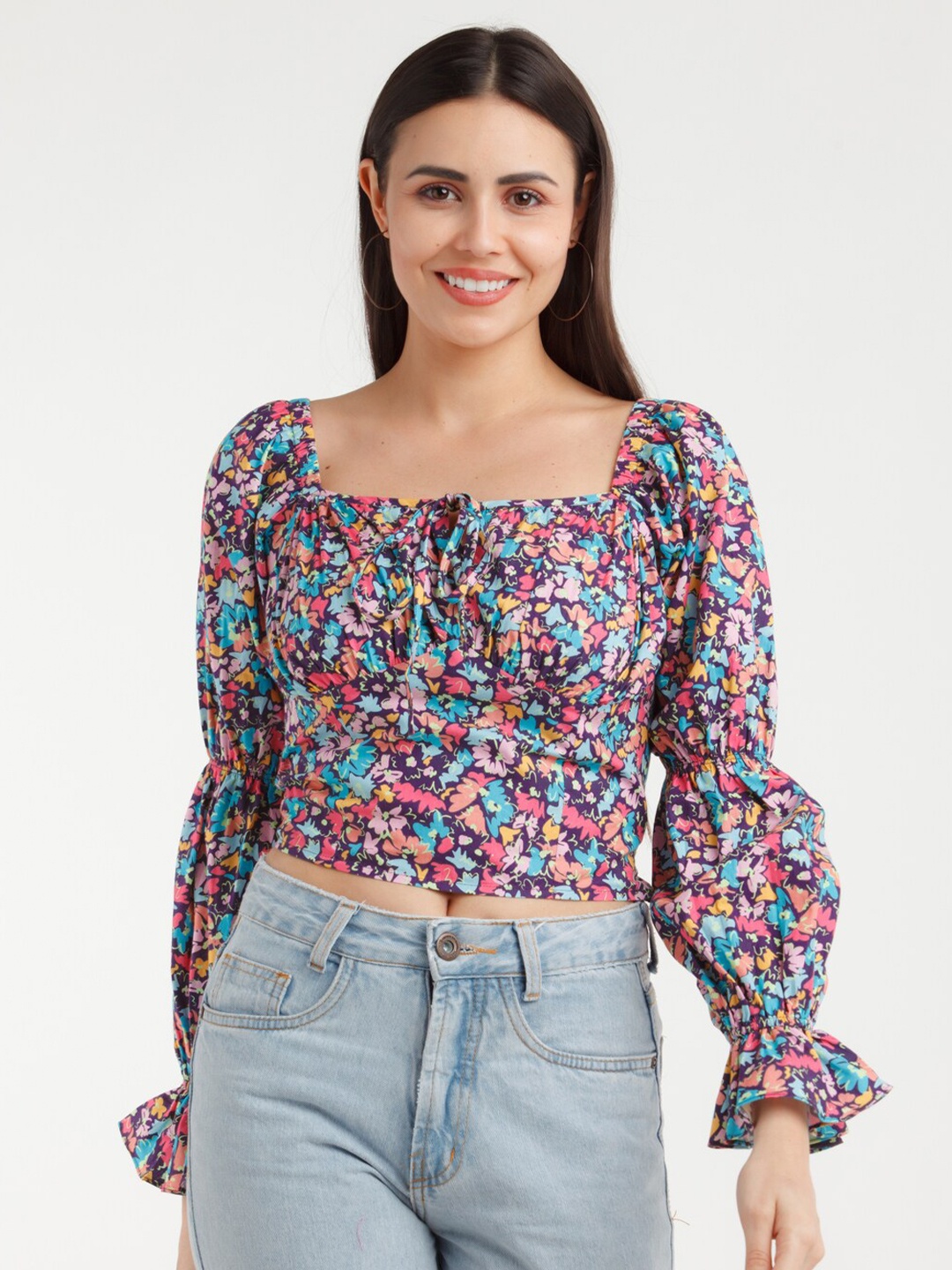 

Zink London Violet Floral Print Blouson Crop Top