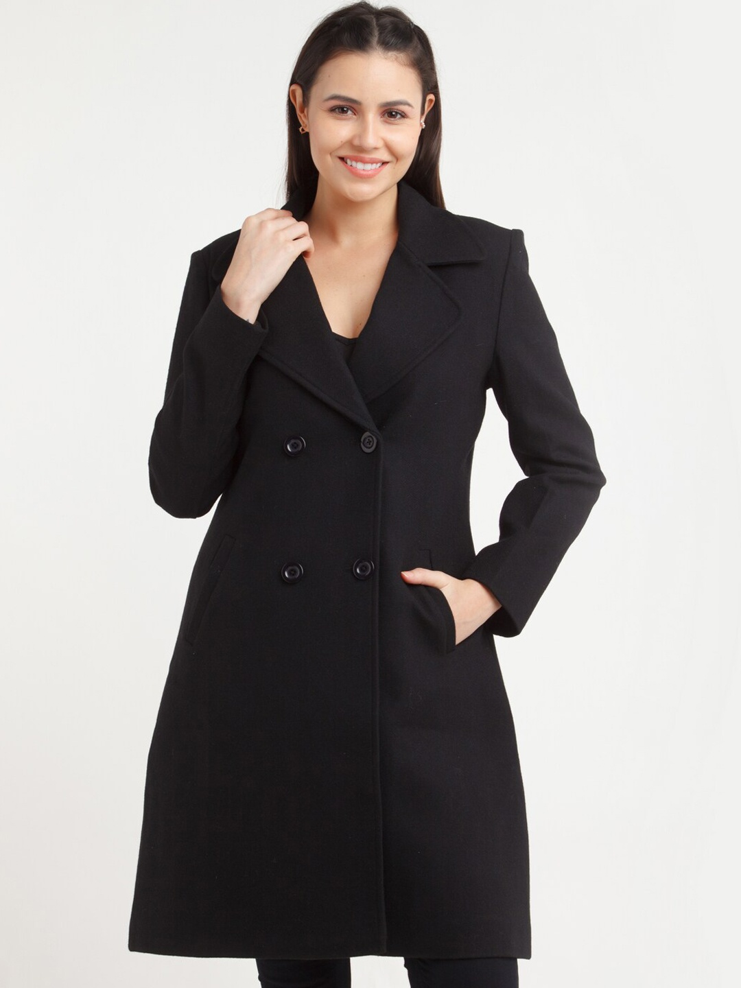 

Zink London Women Black Solid Winter Straight Overcoat