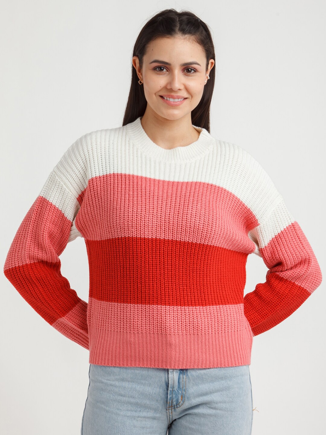 

Zink London Women Pink & White Colourblocked Woolen Pullover Sweater