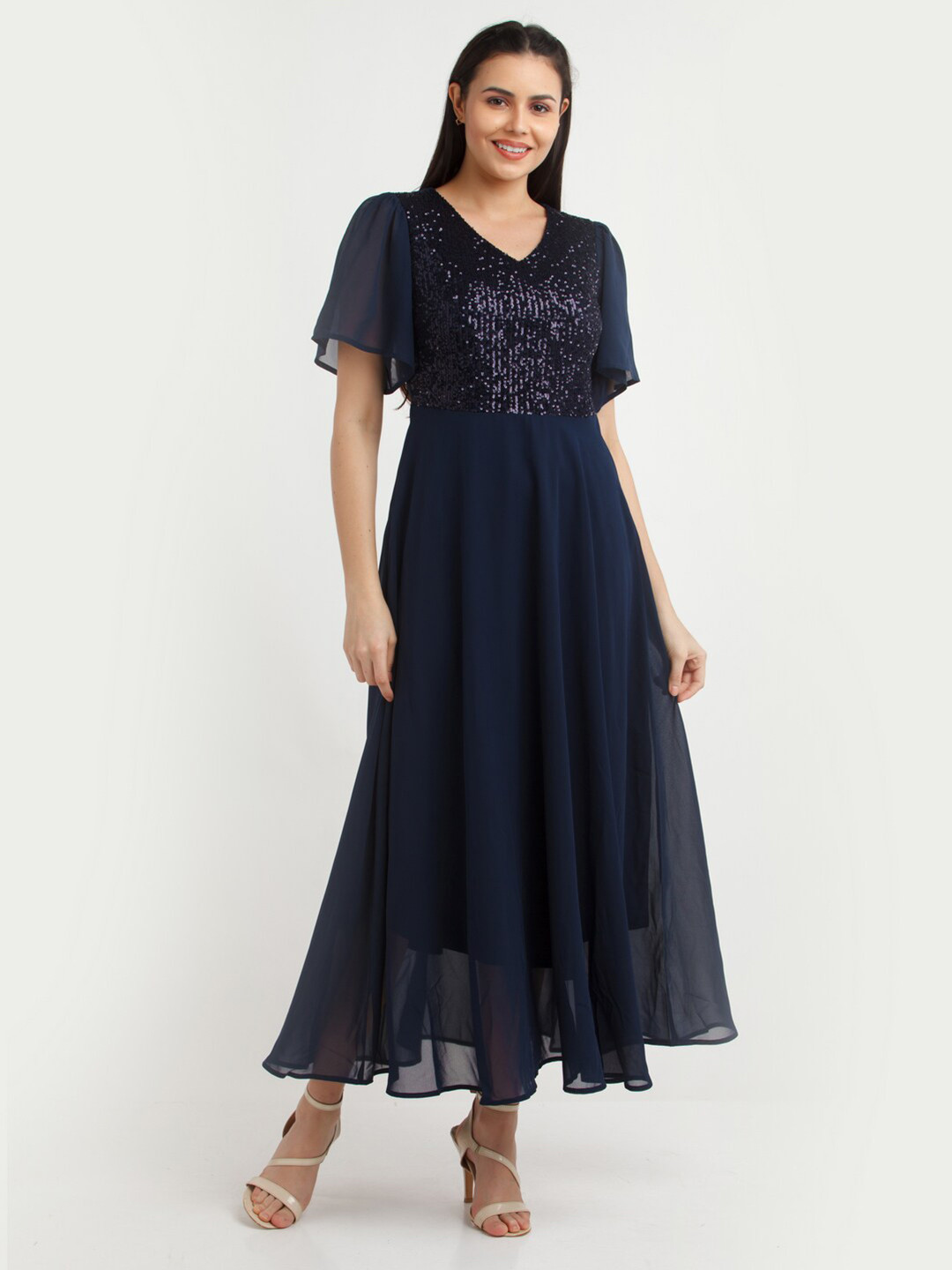 

Zink London Flared Sleeves Maxi Dress, Blue