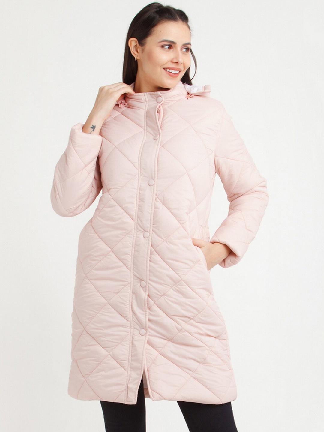 

Zink London Women Pink Checked Longline Parka Coat