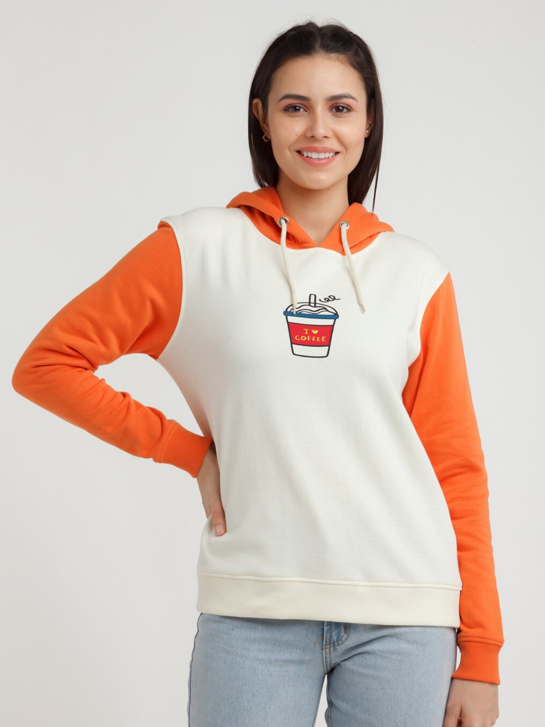 

Zink London Women Off White & Orange Graphic Printed Hooded Sweatshirt