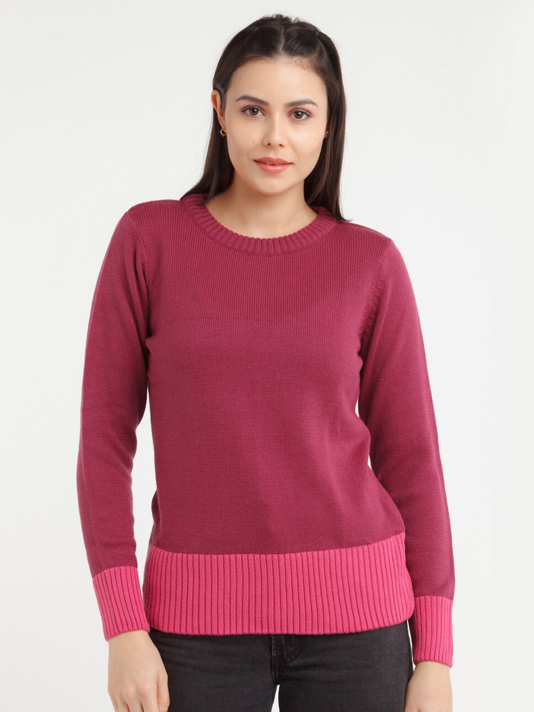 

Zink London Women Magenta Acrylic Pullover Sweater