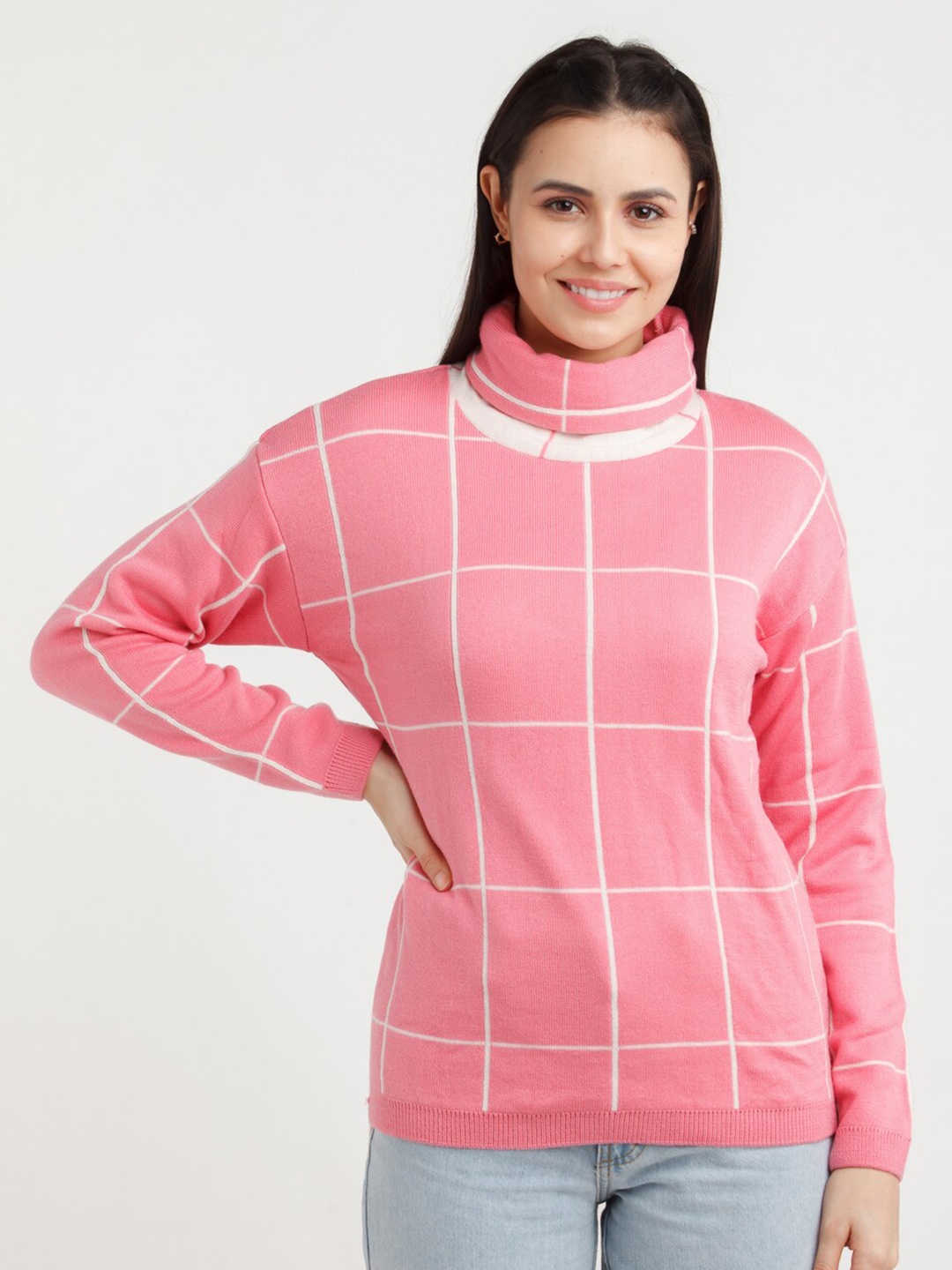 

Zink London Women Pink & White Checked Acrylic Pullover Sweater