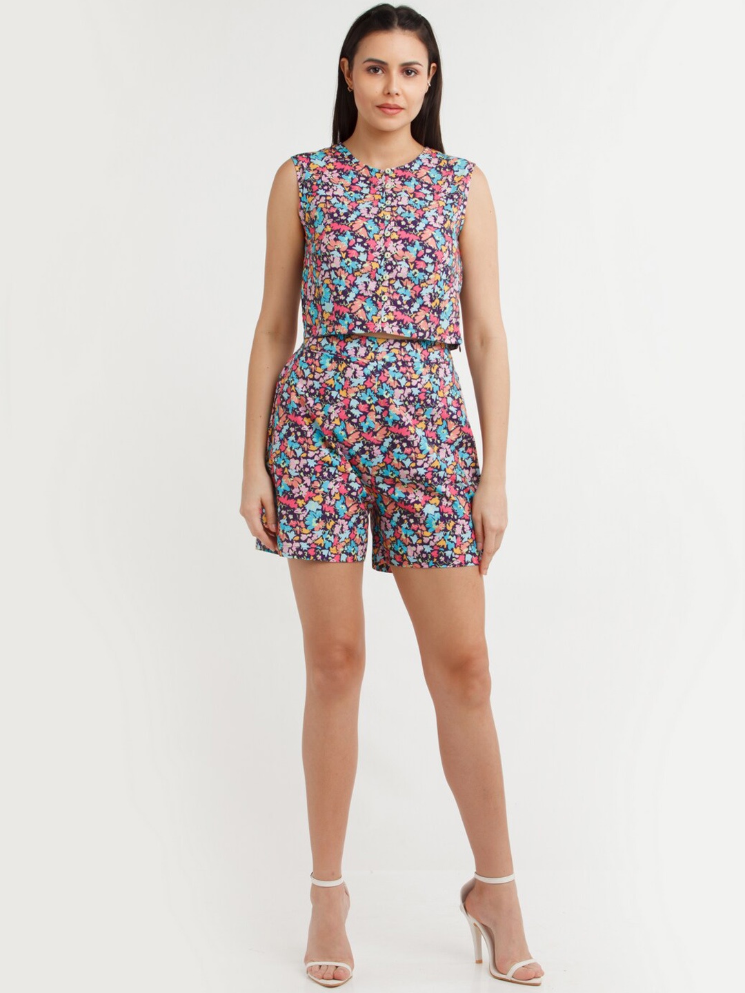 

Zink London Floral Printed Slim Fit Cotton High-Rise Shorts, Violet