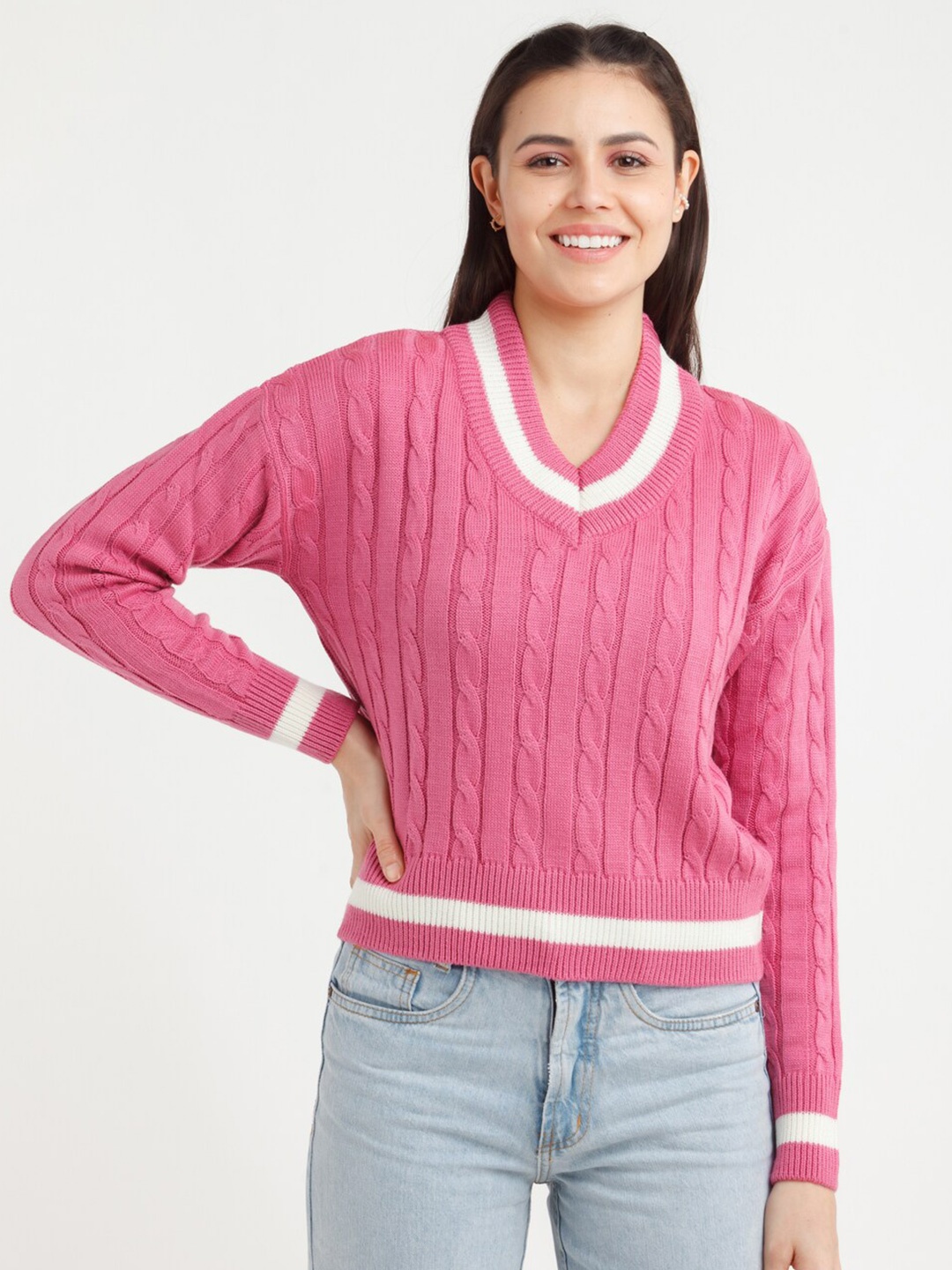 

Zink London Women Pink & White Cable Knit Acrylic Pullover Sweater