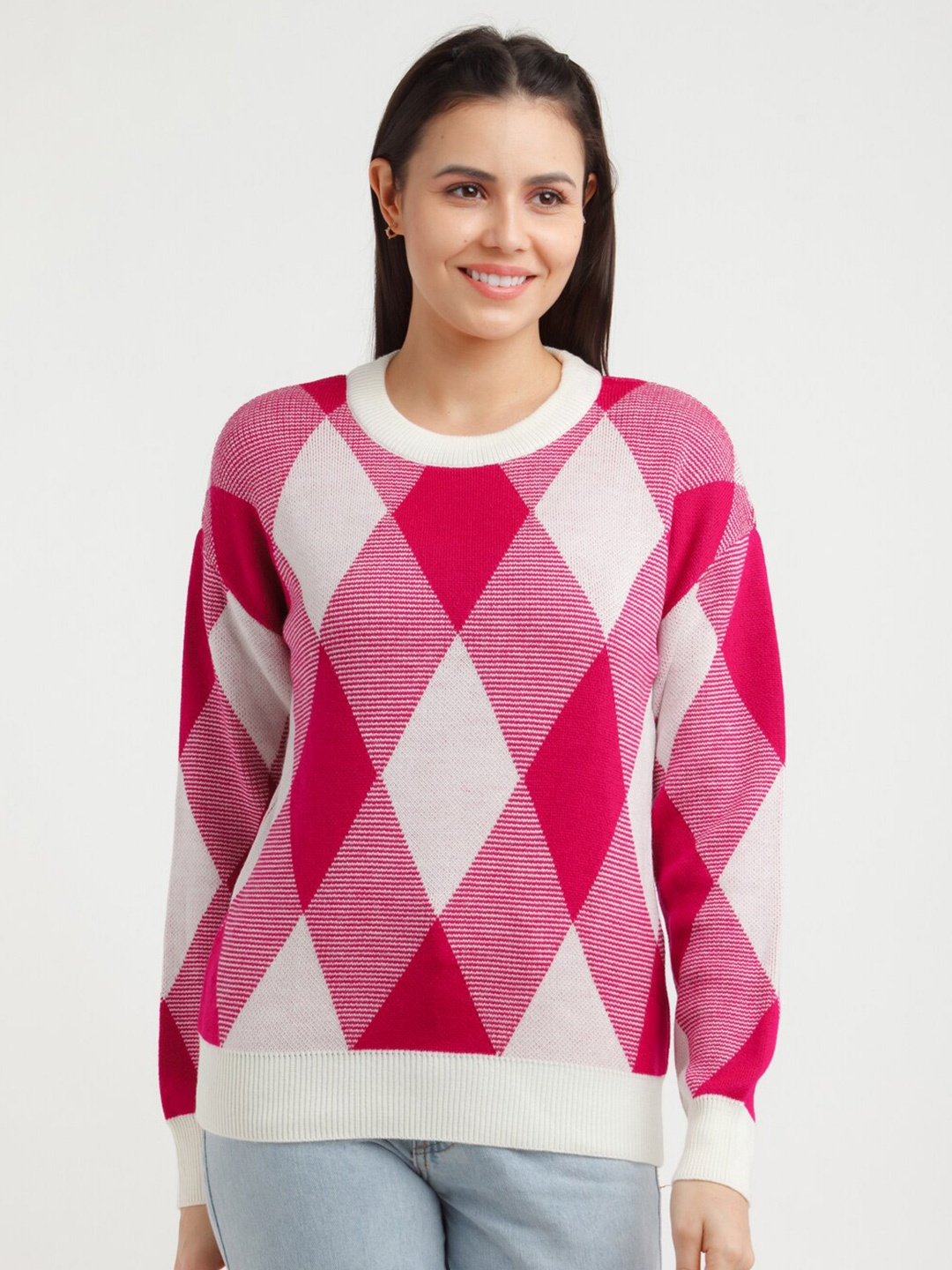 

Zink London Women Pink & White Checked Acrylic Pullover Sweater