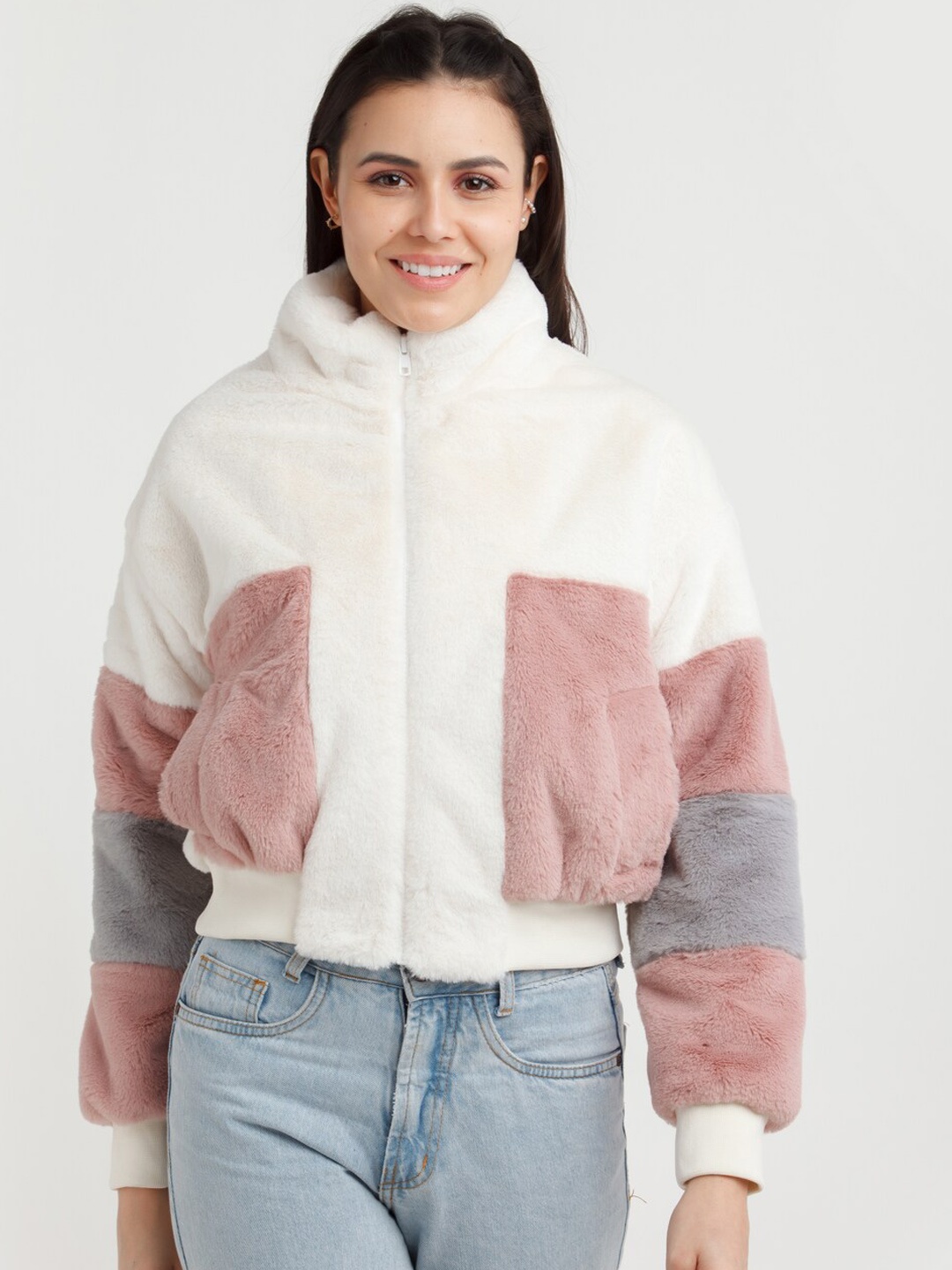 

Zink London Women White & Peach Colourblocked Tailored Jacket