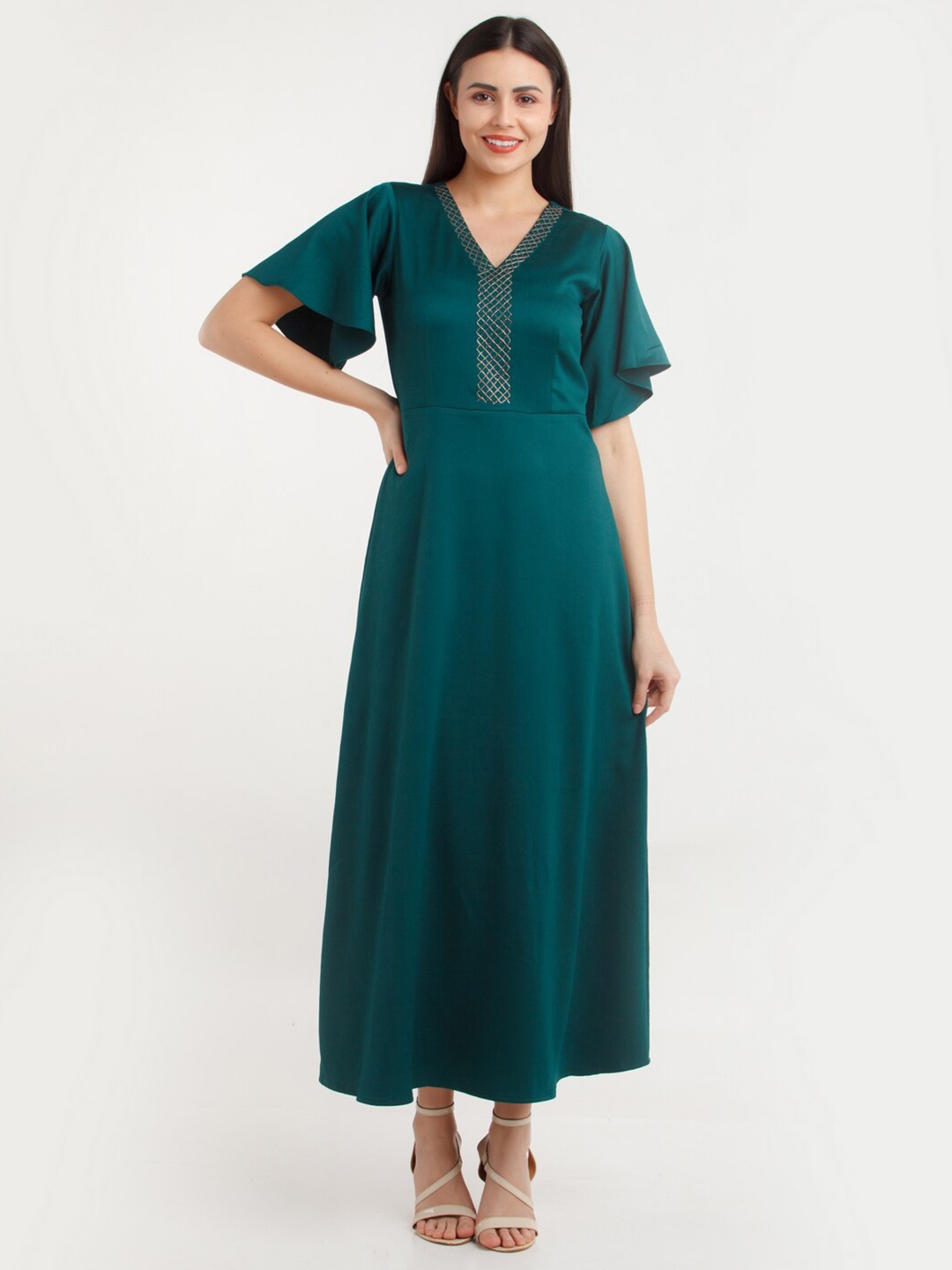 

Zink London Flared Sleeves V-Neck Maxi Dress, Green