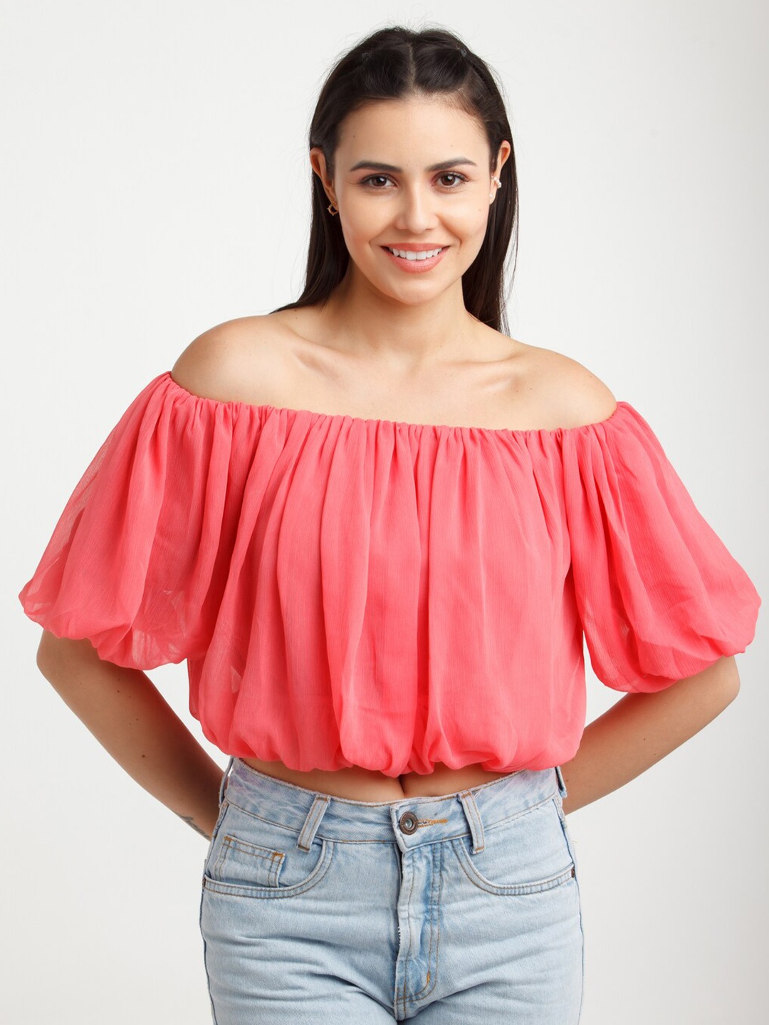 

Zink London Coral Off-Shoulder Bardot Top