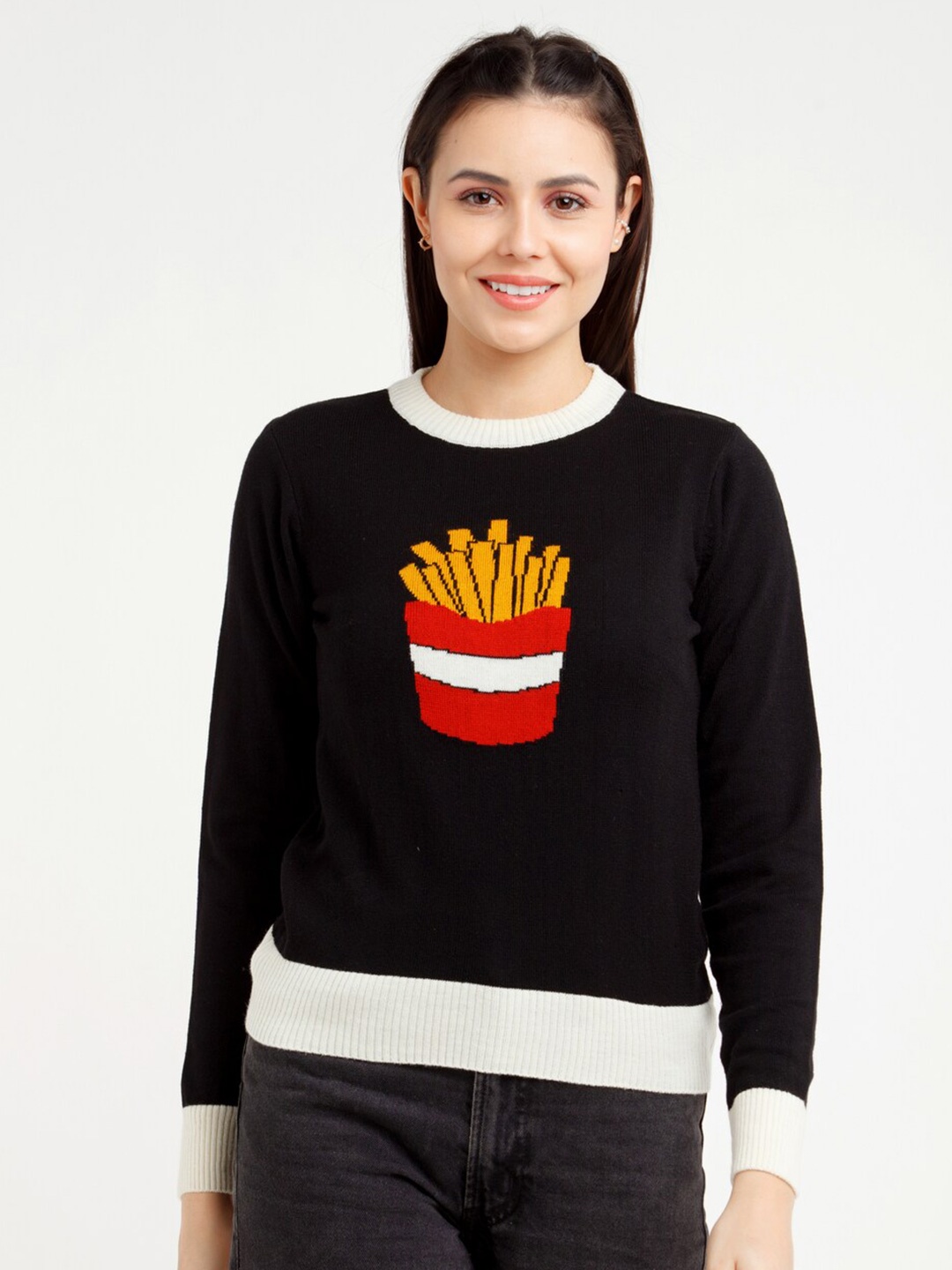 

Zink London Women Black & Red Printed Acrylic Pullover Sweater