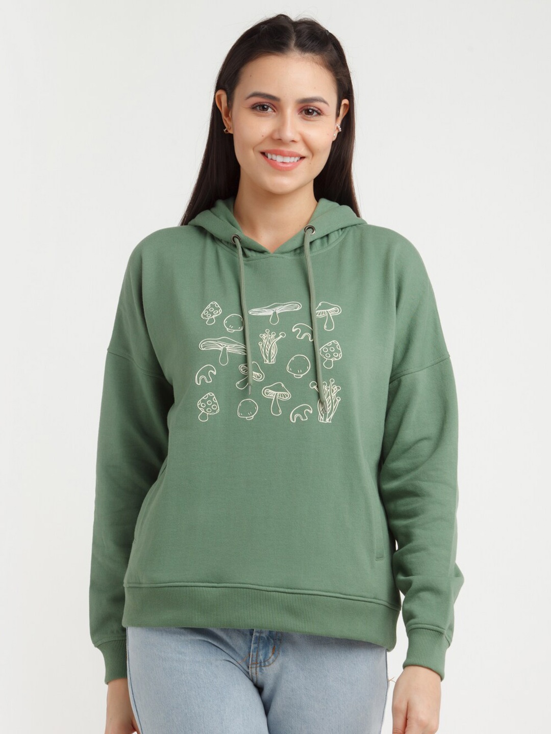 

Zink London Women Green Conversational Printed Hooded Sweatshirt