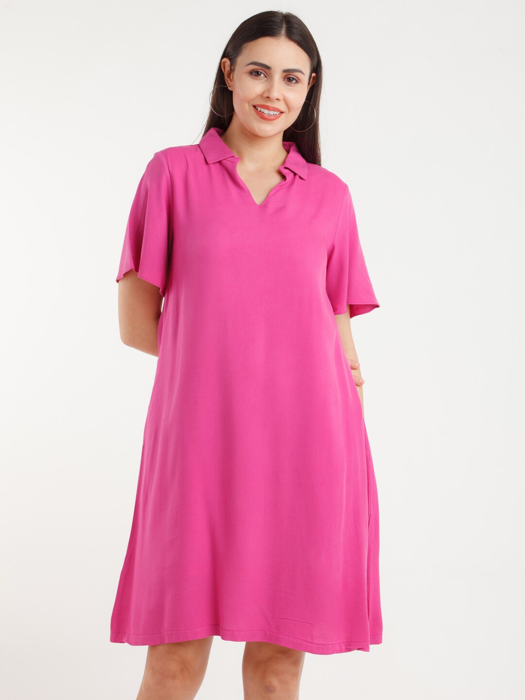 

Zink London Short Sleeves Shirt Collar A-Line Dress, Pink