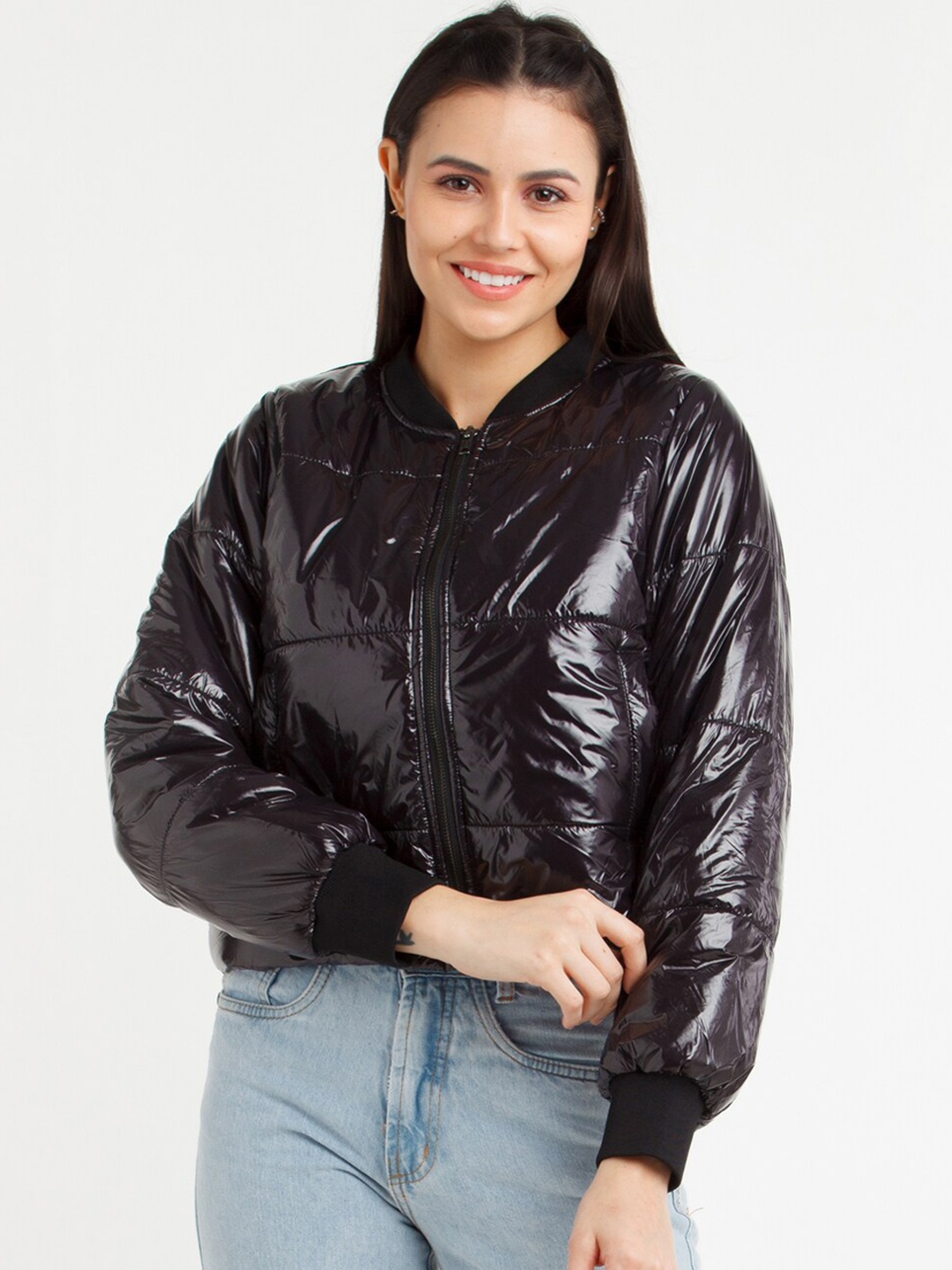 

Zink London Women Black Crop Bomber Jacket