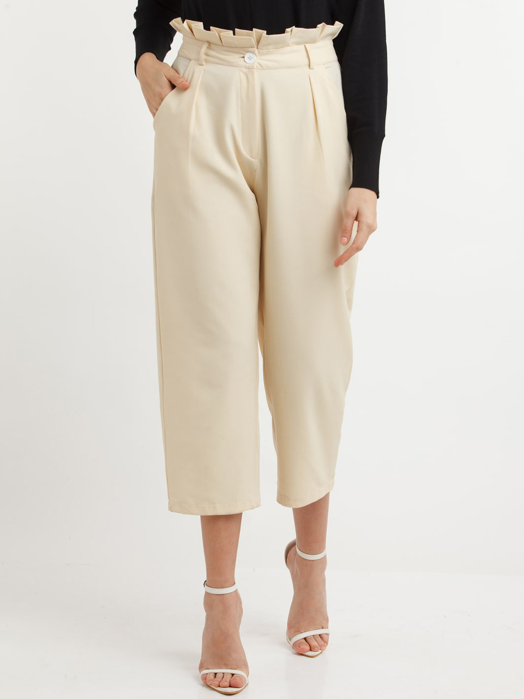 

Zink London Women Off White High-Rise Pleated Culottes Trouser