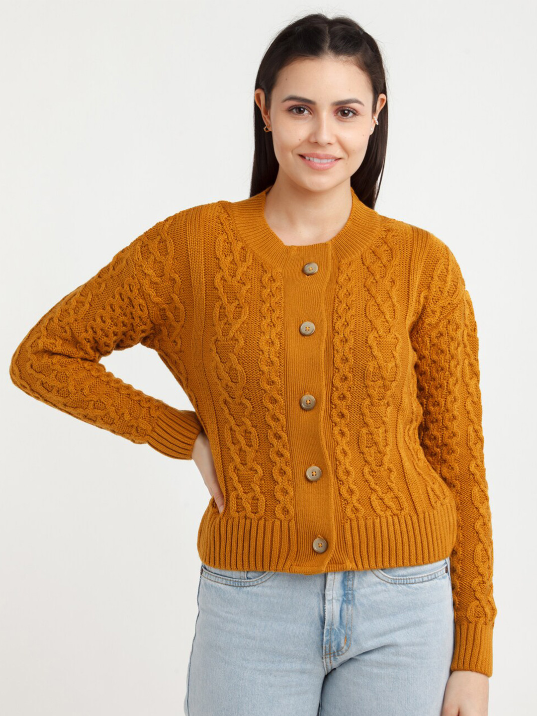 

Zink London Women Yellow Cable Knit Acrylic Cardigan