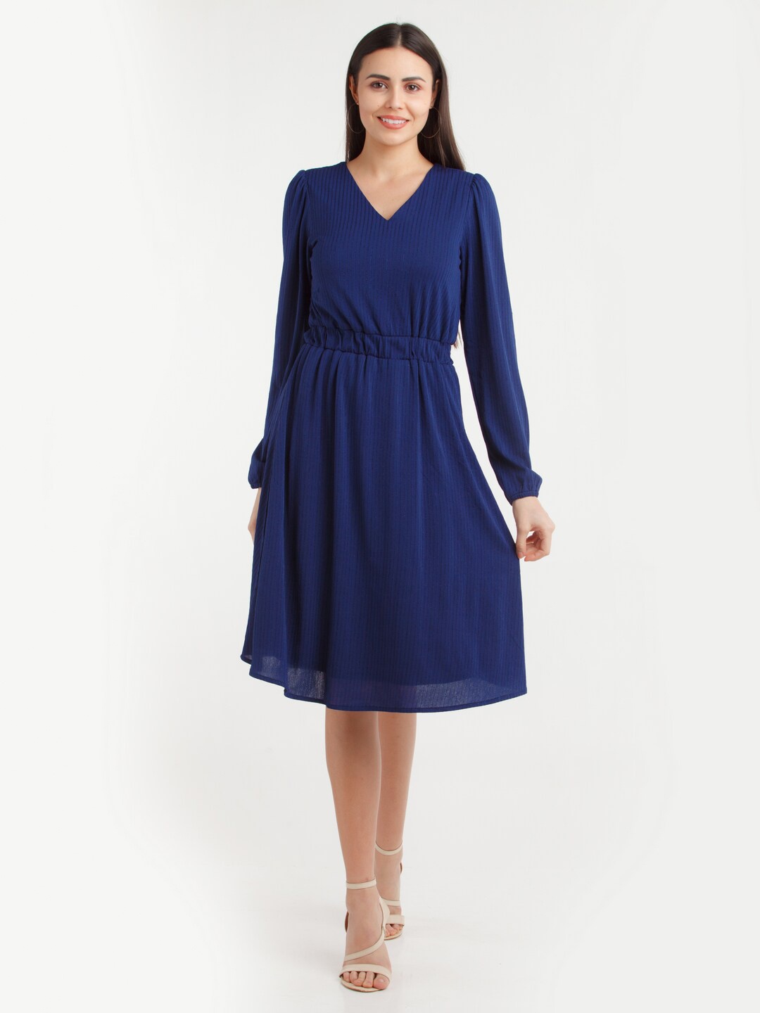 

Zink London Cuffed Sleeves Fit and Flare Dress, Blue