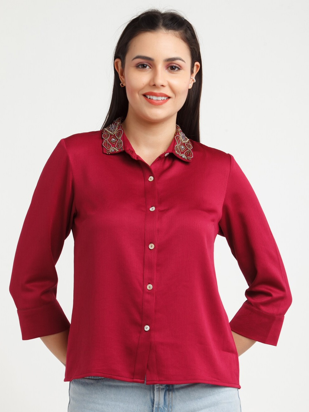 

Zink London Women Maroon Embellished Collared Slim Fit Casual Shirt