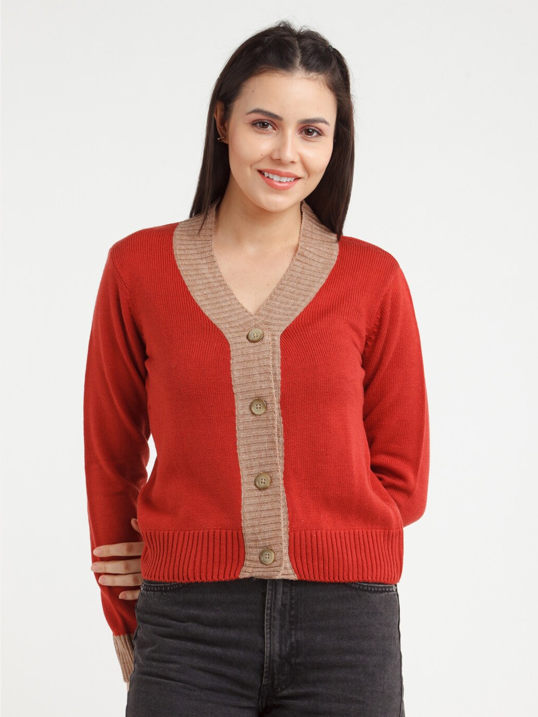 

Zink London Women Red & Grey Solid Acrylic Cardigan