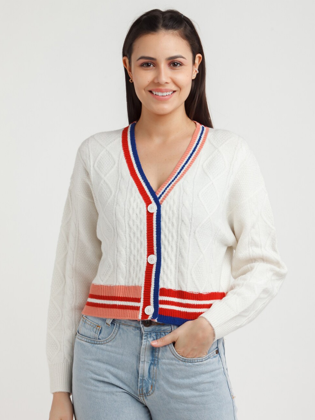 

Zink London Women White & Red Cable Knit Crop Cardigan