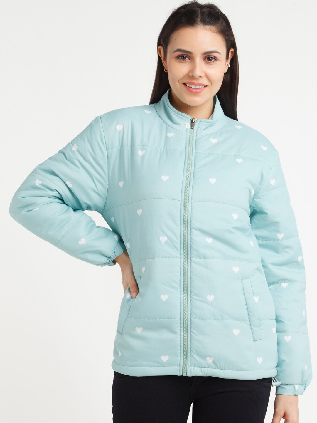 

Zink London Women Green & White Conversational Printed Padded Jacket