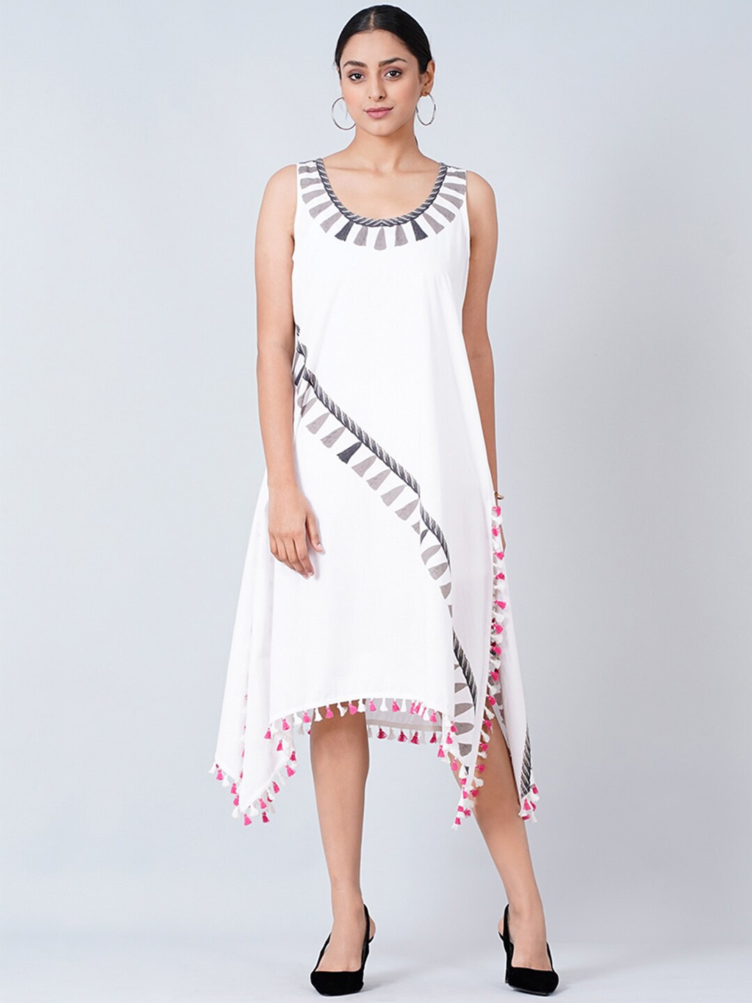 

First Resort by Ramola Bachchan White & Grey Fringed Printed A-Line Cotton Dress