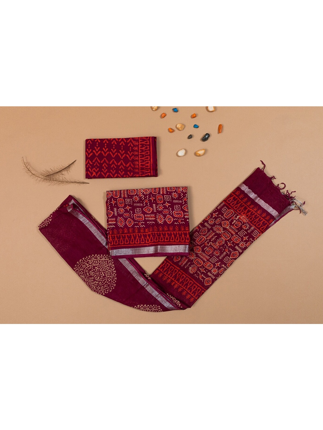 

ArtiZenWeaves Burgundy & Red Floral Printed Linen Unstitched Dress Material