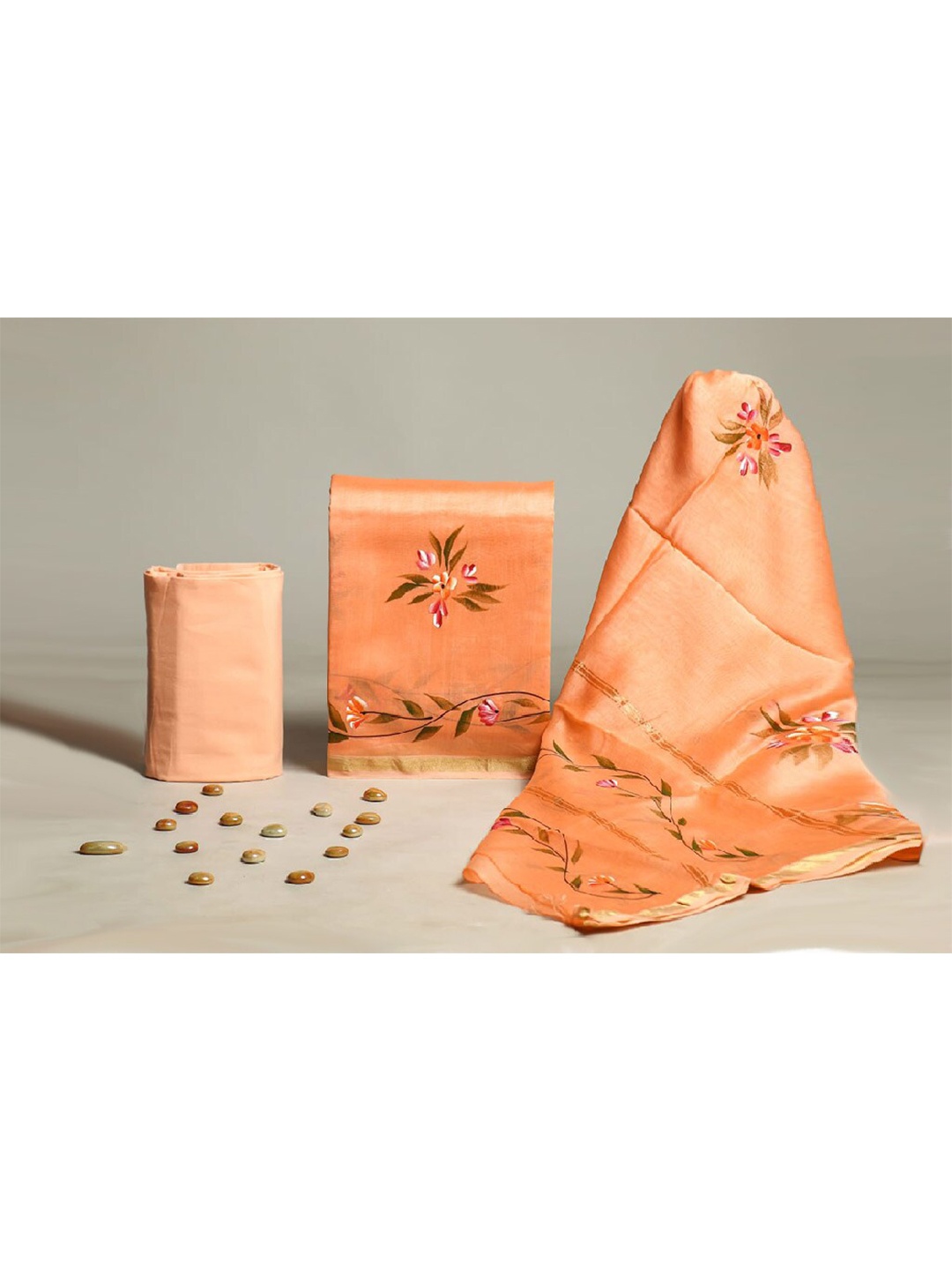 

ArtiZenWeaves Printed Chanderi Silk Unstitched Dress Material, Orange