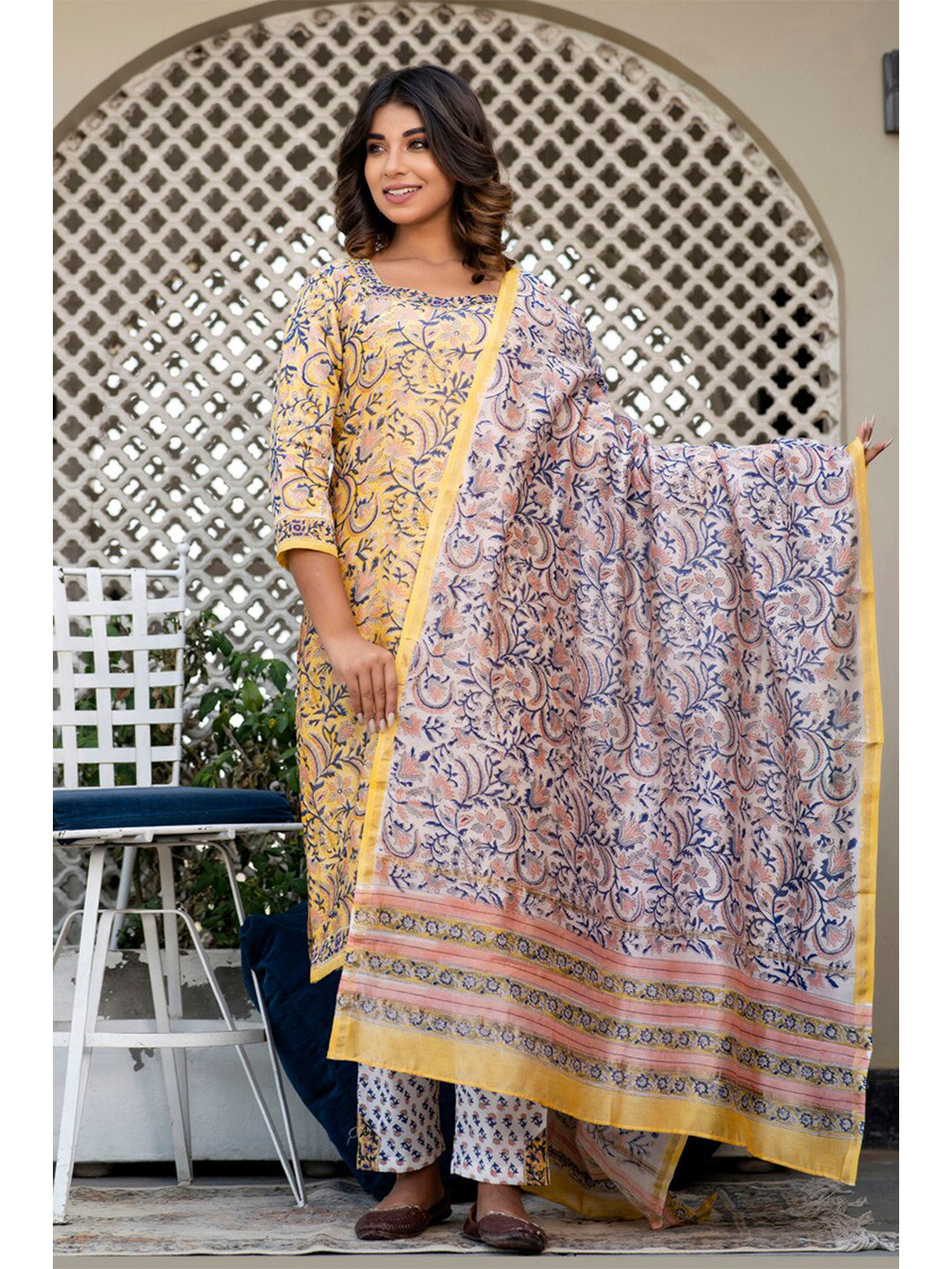 

ArtiZenWeaves Yellow & White Printed Chanderi Silk Unstitched Dress Material