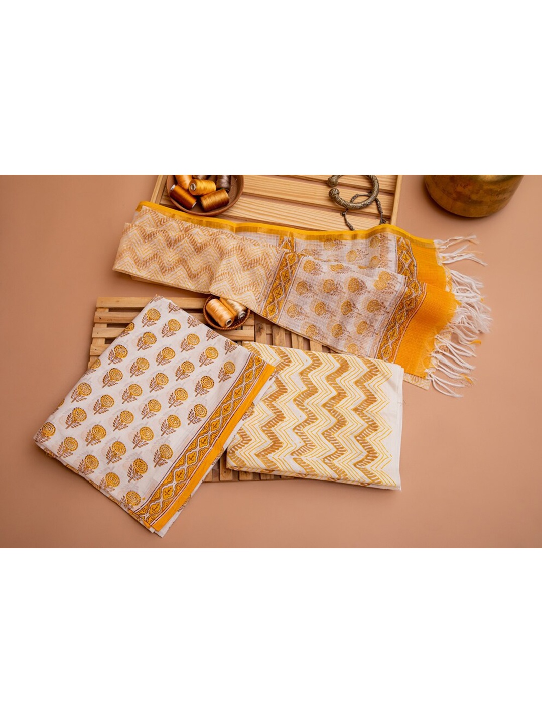 

ArtiZenWeaves White & Yellow Printed Unstitched Dress Material