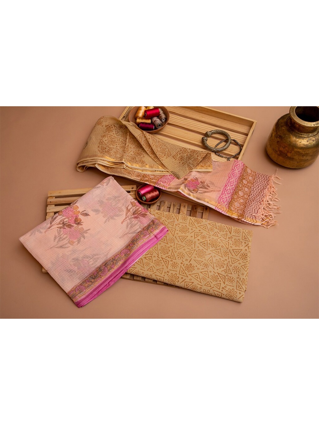 

ArtiZenWeaves Pink & Brown Printed Unstitched Dress Material