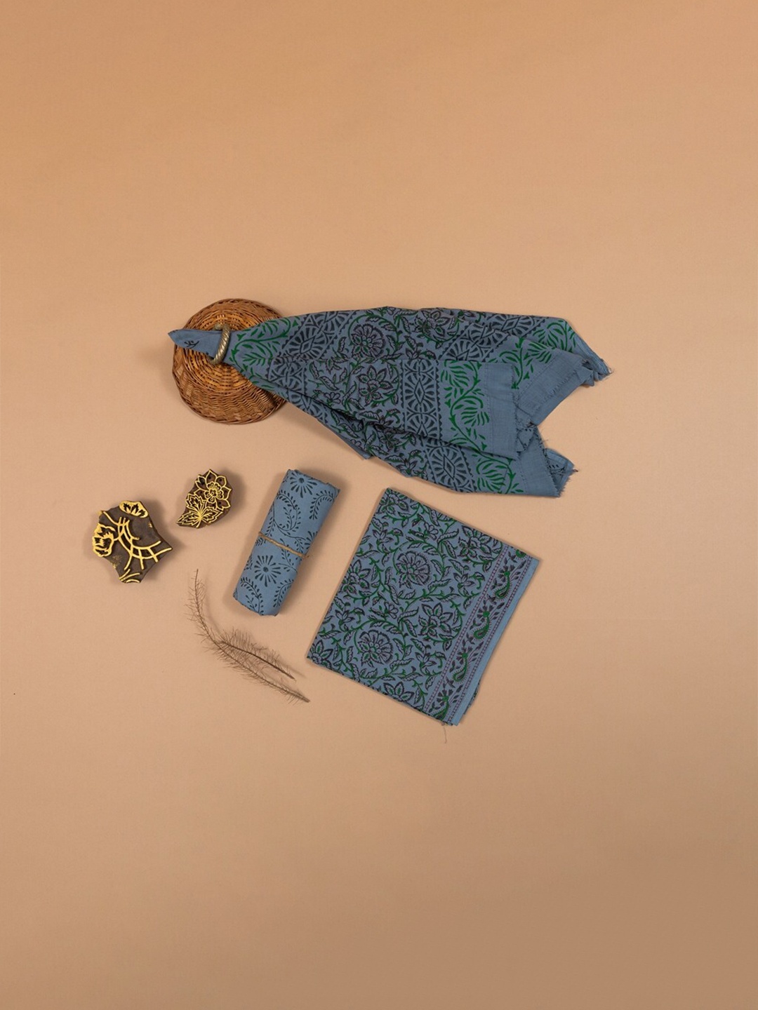 

ArtiZenWeaves Blue & Green Printed Mulmul Unstitched Dress Material